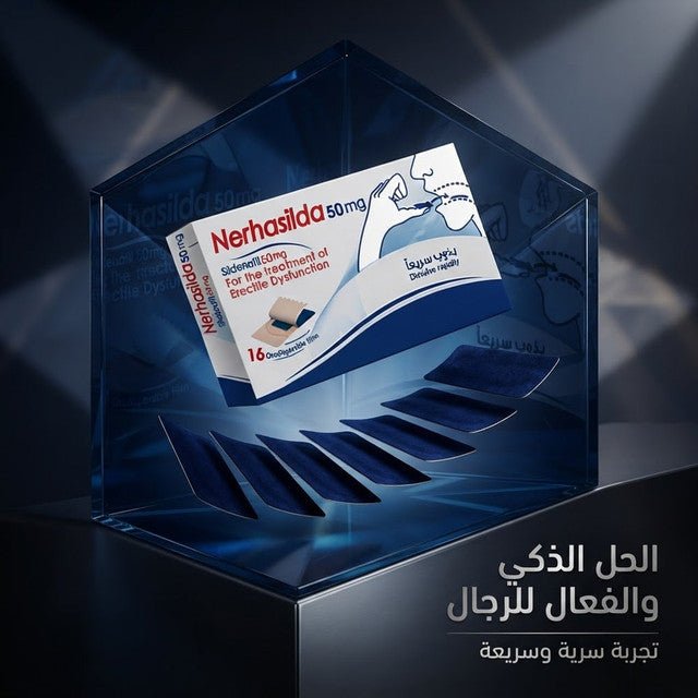 عبوة شرائط نيرهاسيلدا داخل مجسم زجاجي بإضاءة داكنة.
