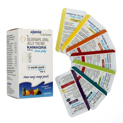  Kamagra Oral Jelly 100mg 7-day assorted flavors weekly pack box