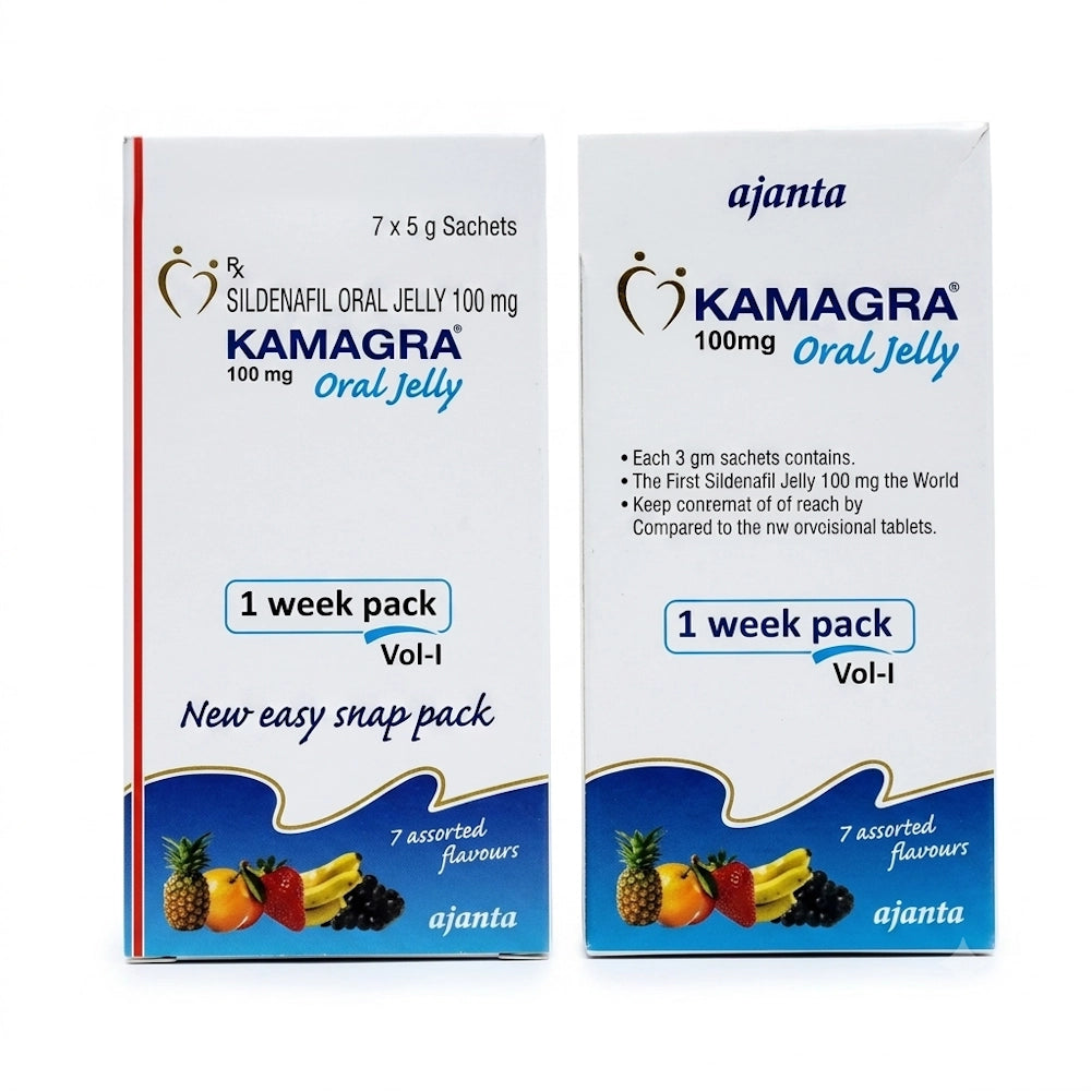  Kamagra Oral Jelly 100mg 7-day assorted flavors weekly pack box
