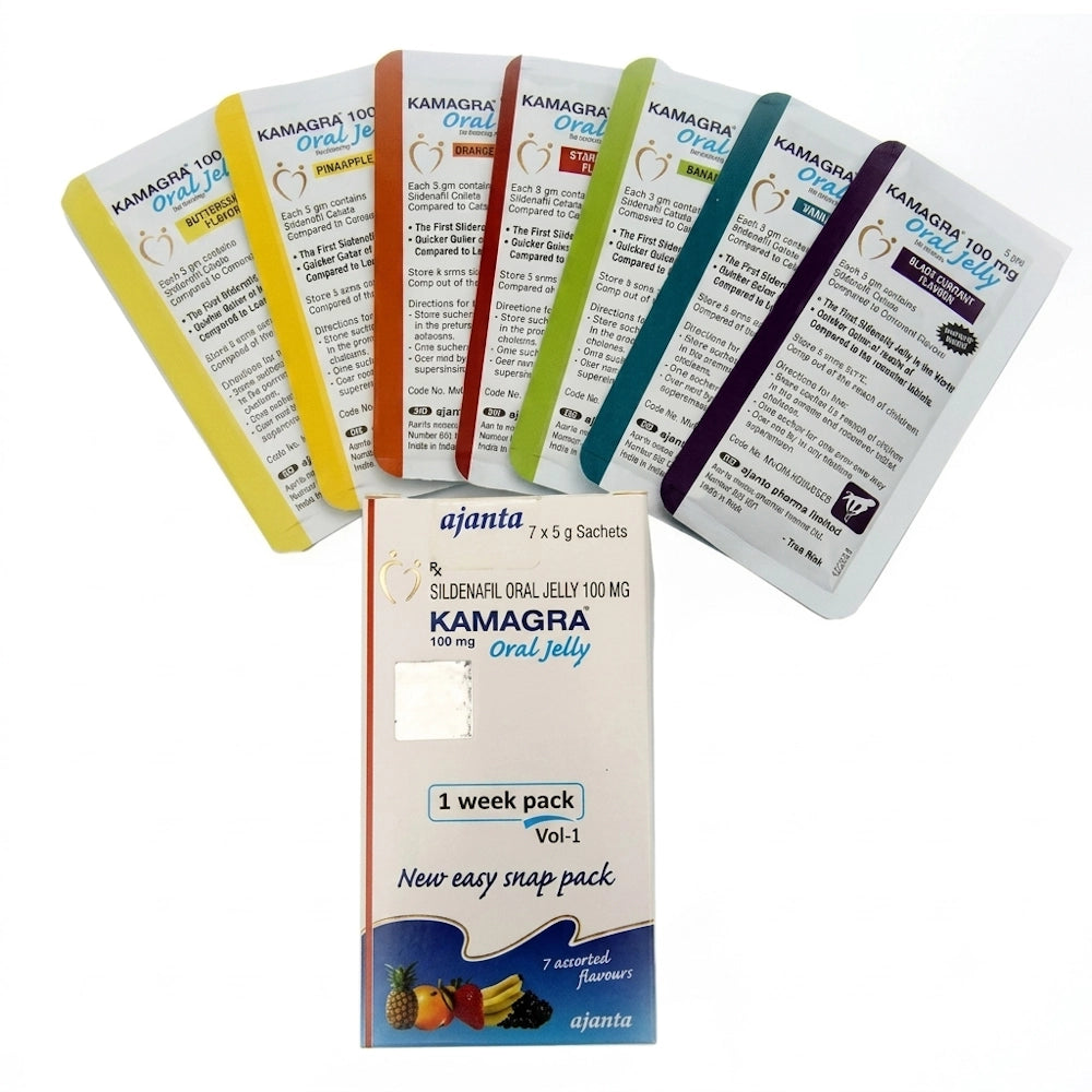  Kamagra Oral Jelly 100mg 7-day assorted flavors weekly pack box